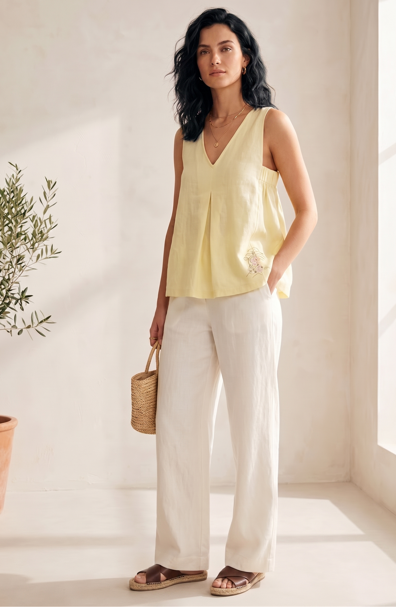 Woman wearing a yellow sleeveless top and white pants standing in a bright room with a plant and window.
